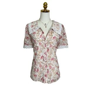 Vintage Floral Eyelet Lace Trim Button Down Blouse Pink Cottagecore Short Sleeve